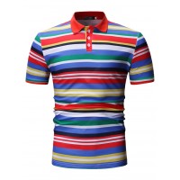 Casual Fashion Men's Turn-down Collar Stripe Short Sleeve T-shirt