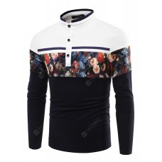 Men Fashion Stitching Color Stand Collar Long-sleeved T-shirt