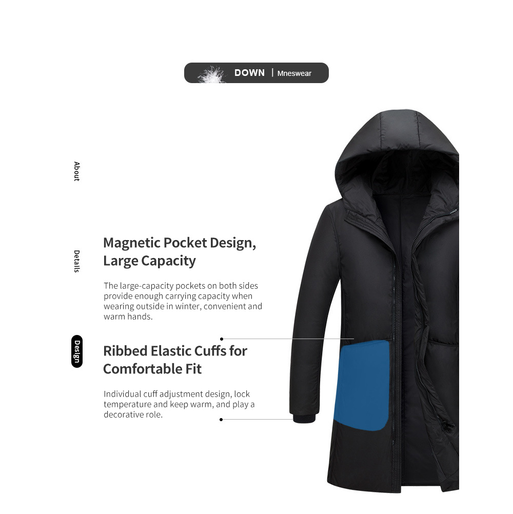 Winter Mid-length Men's Down Jacket - Black XL Magnetic Pocket Design and Ribbed Elastic Cuffs