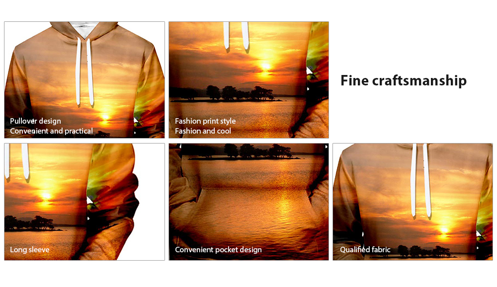 Men's Hoodie Creative 3D Beach Sunset Print Hooded Sweatshirt- Sun Yellow S
