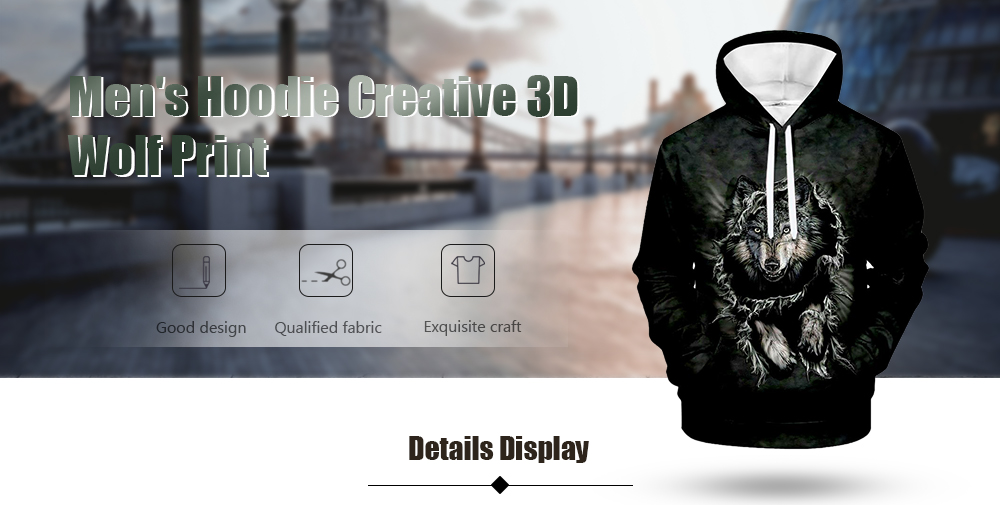Men's Hoodie Creative 3D Wolf Print Long Sleeve Sweatshirt - Crystal Blue M